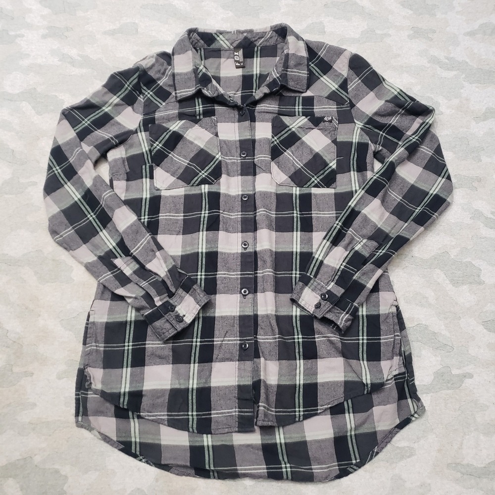 Fox Racing Top Womens Medium Gray Black Flannel Long Sleeve Button Up Plaid